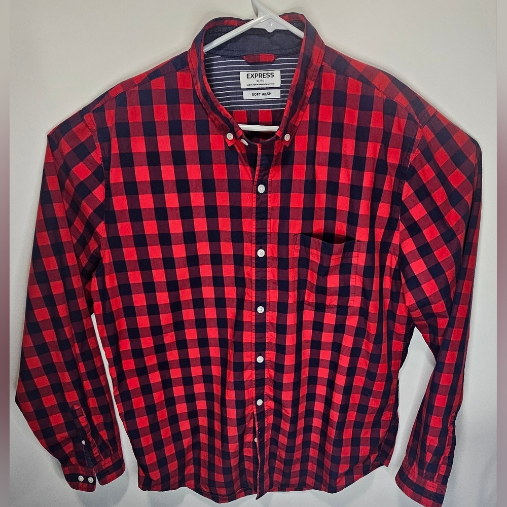 EXPRESS Shirt Men’s XL|TG Red Black Plaid Soft Wash Long Sleeve